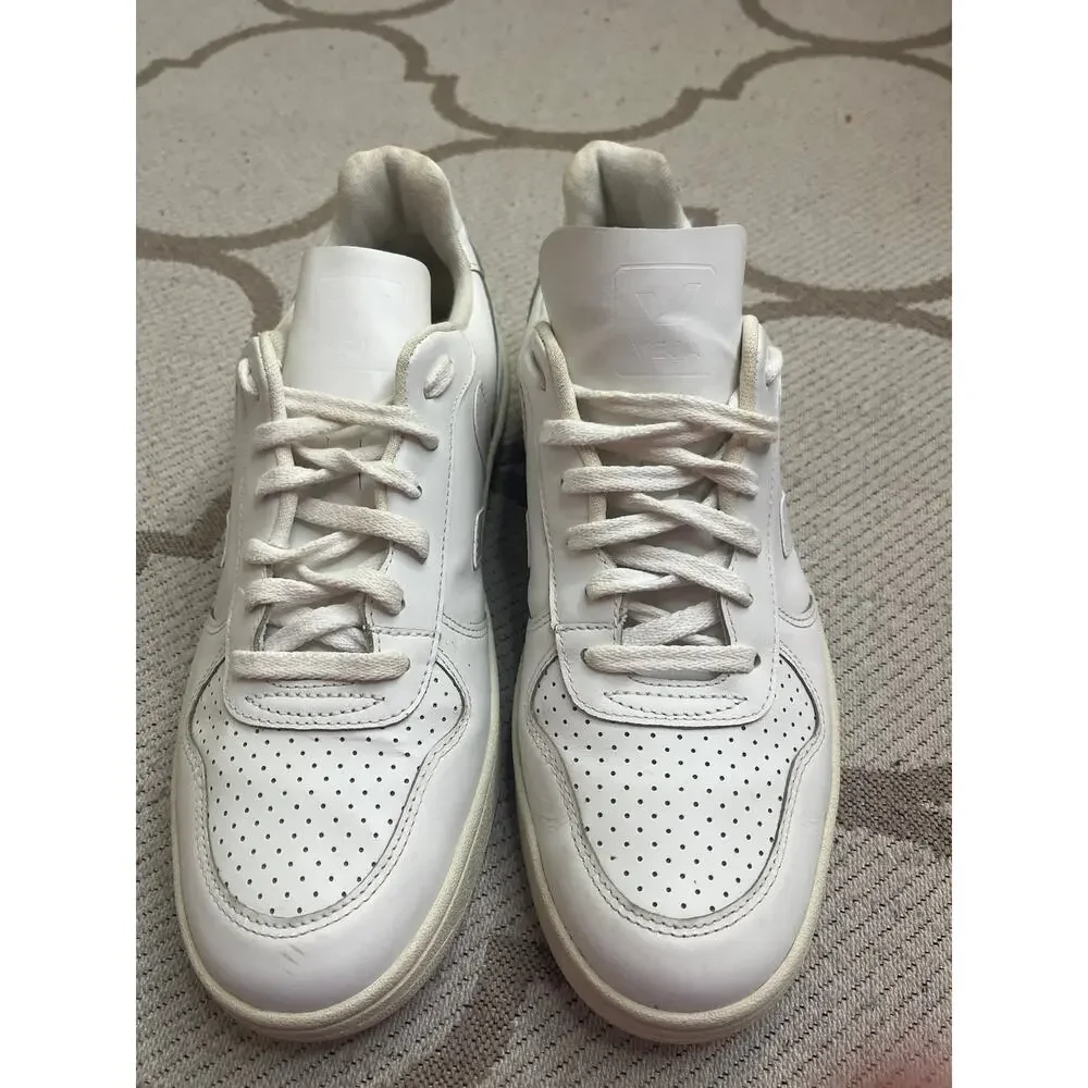 Veja V-10 sneakers all-white leather perforated toes lace.up sneakers, size 10